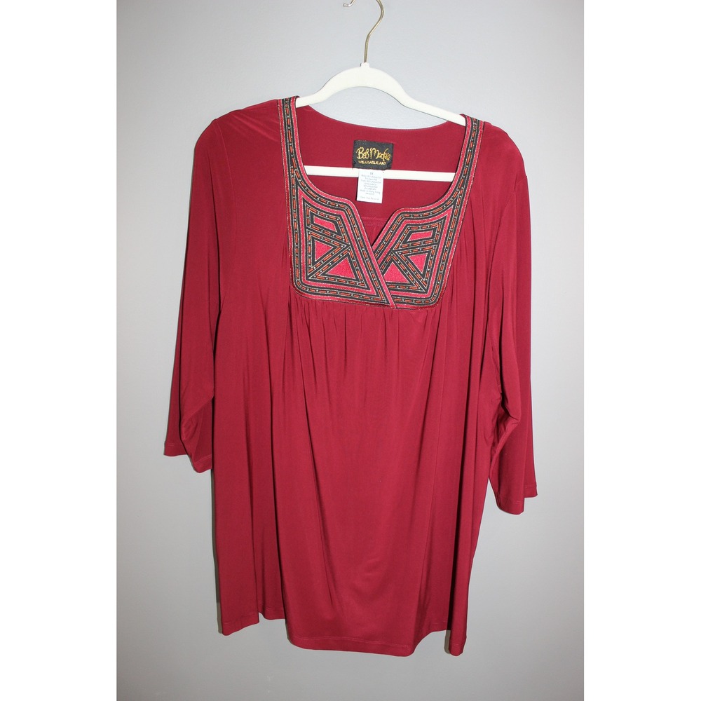 Bob Mackie Top Womens 1X Burgundy Great Embroidered 3/4 Sleeve Wearable Art